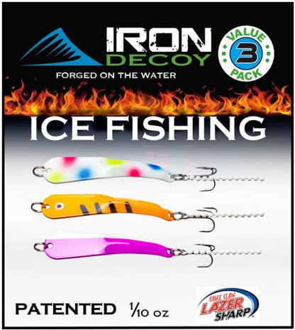 IRON DECOY Spoon Fishing Lures 3-Pack, Multi-Species Metal Spoons for Trout, Walleye, Bass, Salmon, Pike, Ice Fishing & Trolling, Vibrating Spoon Lure Kit - color: Ice Pack #2, 1/10 oz