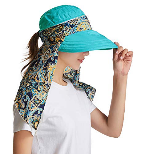 icolor Women Sun Hat UPF 50+ Sun Protection Hat Summer Outdoor Neck Shield Flap Visor Hat Ponytail Hats Wide Brim Beach Hat - color: Sky Blue