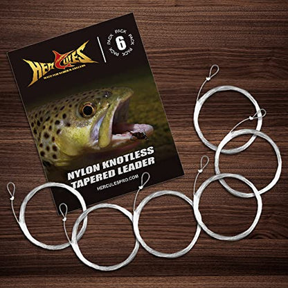 HERCULES Pre-Tied Loop Fly Fishing Leader 6 Pack with Tapered Leader Wallet - size: 12FT - 6pcs