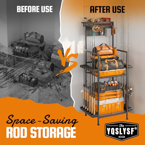 YQSLYSF Fishing Rod Holders for Garage with Pegboard & Metal Mesh Basket, Fishing Rod Storage Rack, Vertical Fishing Pole Holder for Up to 12 -24 Poles, Tackle Gear Organizer