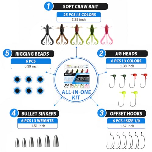 49pcs Soft Fishing Lures Kit – Texas Rig Kit for Bass Fishing with Silicone Shrimp Baits, Hooks, Weights & 3D Eyes – Bass, Crappie & Trout Tackle for Freshwater & Saltwater