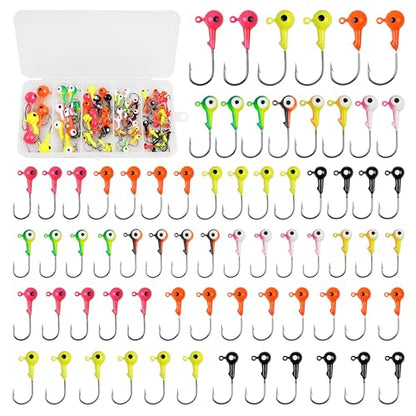 Fishing Jig Head Hooks Kit, Round Ball Crappie Jig Heads Lures Assorted Painted Fishing Lures Jig Heads for Walleye Bass Saltwater Freshwater Fishing 50/69/70pcs - style: 69pcs Kit