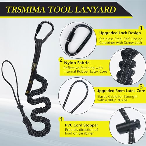 TRSMIMA Safety Tether Lanyard Tool - Fall Protection Retractable Lanyard with Single Aluminum Screw Lock Carabiner Metal Buckle Adjustable Loop End Maximum Weight Limit 17.6lb - size: 1-pack