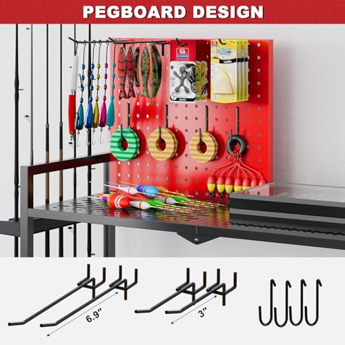 Fishing Rod Holders for Garage, Fishing Rod Stand with Wheels and Pegboard, 3-Tier Pole Storage Rack with 8 Hooks and 12 Rod Slots, Ideal for Tackle, Backpacks, and Gear Red - color: Red