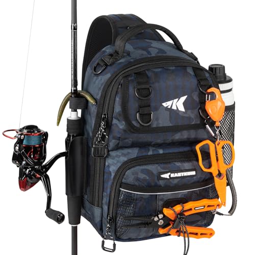 KastKing BaitSpace Fishing Sling Bag, Fishing Backpack with Rod & Beverage Holder, Tackle Bag for Fishing Gear - color: B: Blue Camo, size: Standard
