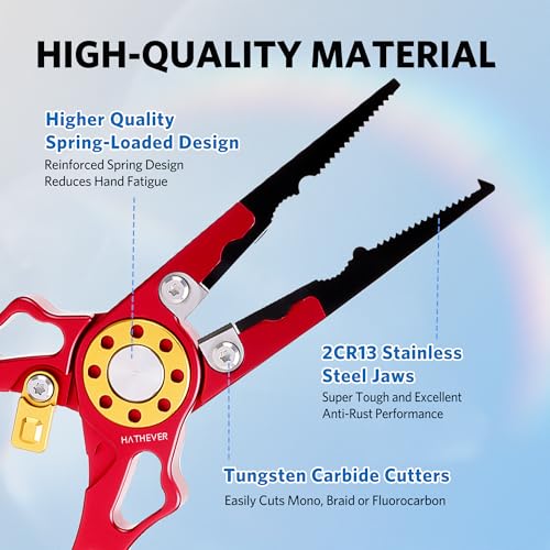 Fishing Pliers Saltwater, Split Ring Pliers Hook Remover with Safety Lock, Fishing Tools with Sheath and Lanyard, Fishing Gifts for Men - color: Red