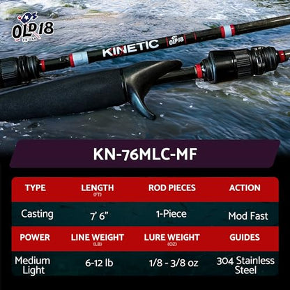 OLD18 Kinetic Rod - 30-Ton Carbon, Enhanced Sensitivity for Precision Strikes, Coated Stainless Guides, Ideal for Freshwater and Inshore Species - Split Grip for Comfort - size: Casting - 7'6" - Med Light, Mod Fast