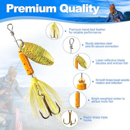 Fishing Lures Inline Spinner Baits, Trout Bass Fishing Gears with Treble Ultra-Sharp Hooks, Rooster Tail Fishing Lures for Trout Salmon