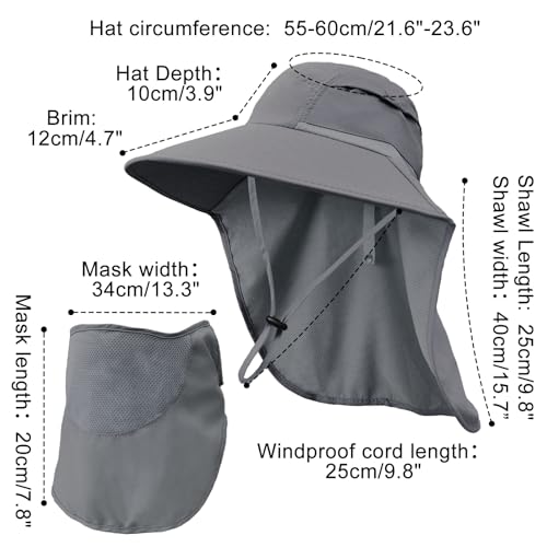 Sun Hats for Men Women Detachable Face Cover Wide Brim Fishing Hats with Neck Flap UPF 50+ Outdoor Safari Hats - color: Dark Grey