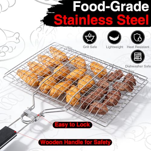 Grill Basket Set – Stainless Steel Folding BBQ Basket with Basting Brush & Heat-Resistant Gloves, Portable Outdoor Rack for Fish, Vegetables, Shrimp, Gift for Dad, Husband, Friends