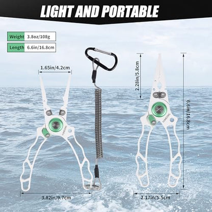 Fishing Pliers with Innovative Ergonomical Handle, Corrosion Saltwater Resistant,Fishing Multitool Hook Remover Braided Fishing Line Cutting, Split Ring with Coiled Lanyard and Sheath - color: White-6.6"
