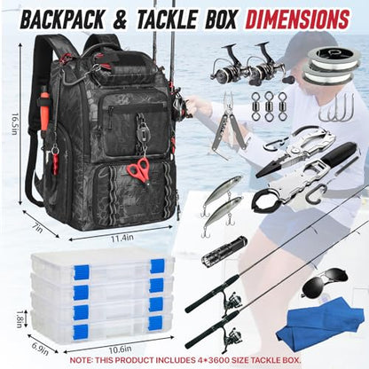 Fishing Tackle Backpack, 40L Tackle Bag with 2 Rod Holders & 4 Tackle Boxes, Water-Resistant Large Storage Fishing Gear and Equipment, Fisher Gifts for Men, Black Camo - color: B-Black Camo with 4 Tackle Boxes
