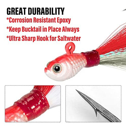 Dr.Fish 3 Pack Bucktail Jig Lure Hair Jig Saltwater Freshwater Lures Surf Fishing Bass Flounder Striper Bluefish Halibut Redfish - color: Red & White(pack of 3), size: 1/2 oz