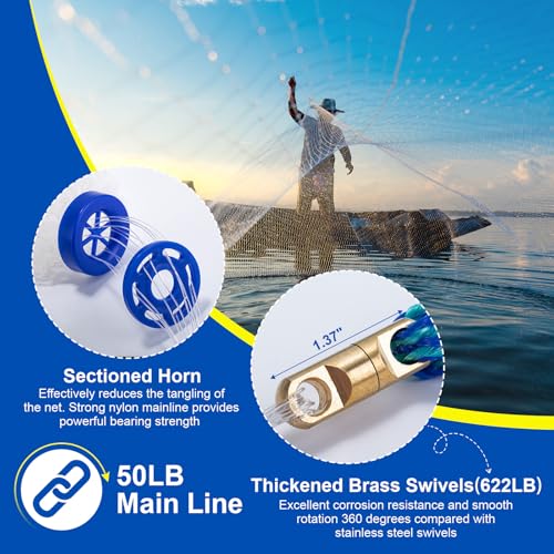 Goture American Fishing Cast Net Saltwater Freshwater,3/8in Mesh Size Casting Net for Bait Fish Shrimp Trap,Heavy Duty Sinkers Dual Color Double Selvage,4ft Radius Throw Cast Net with Needle