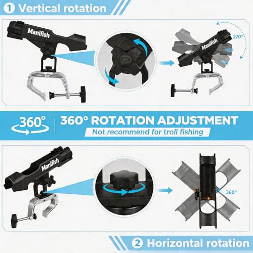 2 Pack Fishing Rod Holders for Kayak & Boat, 360° Swivel Clamp Rod Holder with Enlarged Base, Fits Round Square Tubes, Jon Boat, Canoe, Fishing Accessories - color: Black