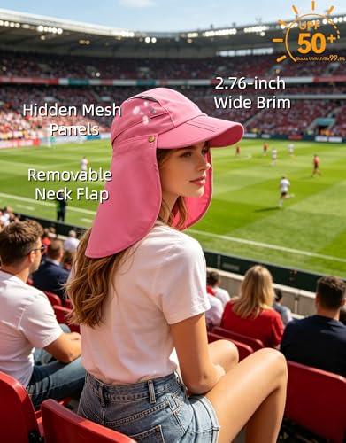 Men Women Safari Fishing Sun Cap with Removable Neck Flap UPF 50+ UV Protection Quick Dry Breathable Hats - color: Pink