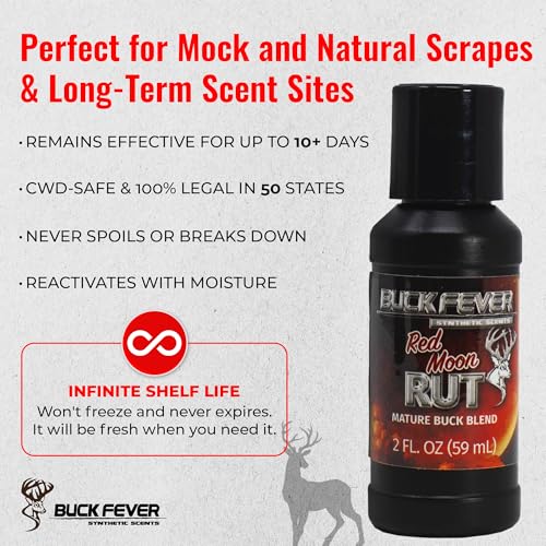 Buck Fever Red Moon Rut – Synthetically Formulated Deer Liquid Attractant – Non-Spoiling, Sweet Synthetic Buck Attractant Scent – Moisture Reactivated Mature Rutting Buck Scent - size: 2oz (12-pack)
