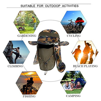 YR.Lover Outdoor UV Sun Protection Wide Brim Fishing Cap with Removable Flap - color: Camouflage