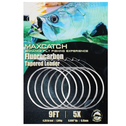 Maxcatch Fluorocarbon Tapered Leader 6 Pack – Fly Fishing Leaders with Pre-Tied Loop, 100% Pure Fluorocarbon, High Strength & Low Visibility, 9ft – 3X/4X/5X/6X - size: 9FT 3X-6 PACK