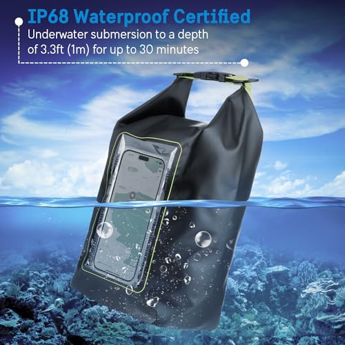 Pelican Marine IP68 Waterproof Dry Bag 5L w/Phone Pouch/Case - Black/Yellow | Roll Top Waterproof Backpack with Touchscreen Phone Pouch - Swimming, Kayaking, Camping, Rafting, Fishing & Travel Essentials - color: Black/Yellow - 5L, size: 5L