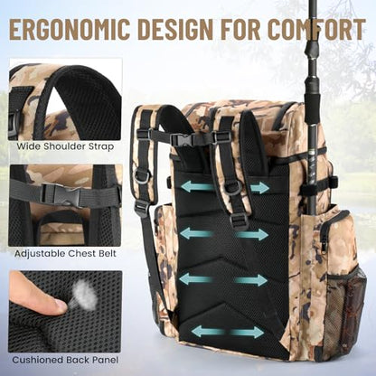 VJI Fishing Tackle Backpack with Rod Holder, Large Tactical Backpack, Fishing Gear Tackle Box Tactical Backpack, Water Resistant Sport Bag and Equipment - color: Khaki Camo