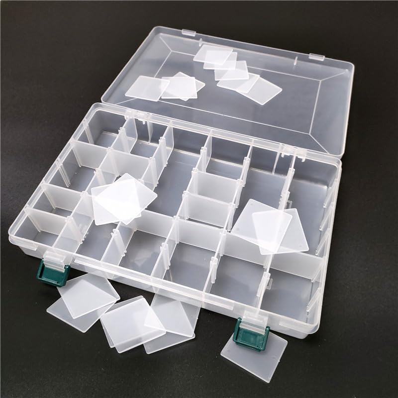 KALAVARMA 36 Grids Clear Plastic Bead Organizer Box, Fishing Tackle Box Compartment Organizer with Adjustable Dividers for Jewelry, Art Craft, Bead Storage Containers with 5 Sheets Label Stickers