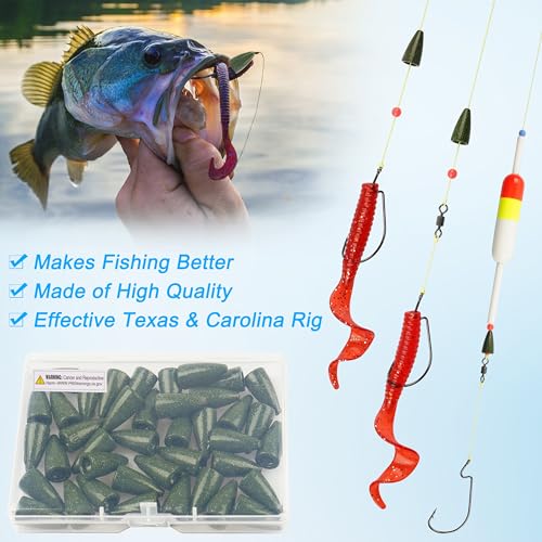 Bullet Fishing Sinkers Weights, 40pcs Slip Sinkers Worm Weights Painted Sliding Fishing Weights for Bass Fishing Pitching and Flipping Texas Rigs Carolina Rig Saltwater Freshwater - size: 3/16oz-40pcs, style: Green