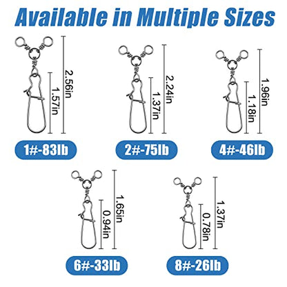 AGOOL Fishing 3 Way Swivel Snaps - 30pcs T-Turn Fishing Swivels Triple Swivels Cross Line Duo Lock Snap Swivels Fishing Lure Connectors Fishing Tackle for Trolling Catfish Rig Saltwater Freshwater - size: 6# (33lb) - 30pcs