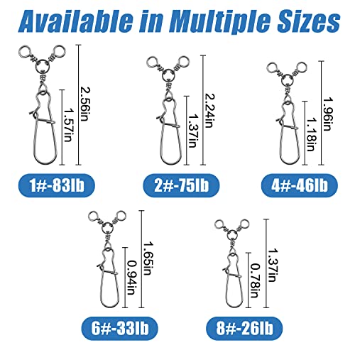 AGOOL Fishing 3 Way Swivel Snaps - 30pcs T-Turn Fishing Swivels Triple Swivels Cross Line Duo Lock Snap Swivels Fishing Lure Connectors Fishing Tackle for Trolling Catfish Rig Saltwater Freshwater - size: 2# (75lb) - 30pcs