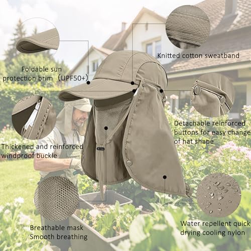 2Pack Men’s Foldable Sun Hat with Removable Face Mask & Neck Flap, UPF 50+ UV Protection, Quick-Drying Outdoor Fishing Cap - color: Dark Grey+khaki