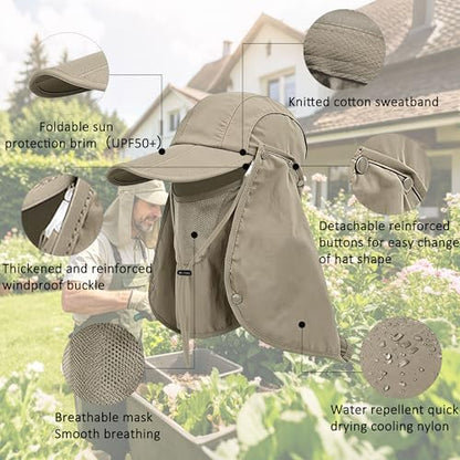 2Pack Men’s Foldable Sun Hat with Removable Face Mask & Neck Flap, UPF 50+ UV Protection, Quick-Drying Outdoor Fishing Cap - color: Dark Grey+khaki