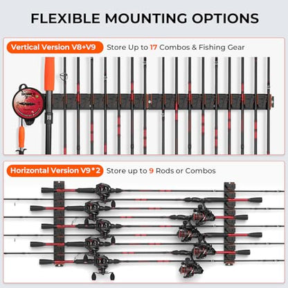 KastKing GravityLock V9 Vertical Fishing Rod Holder, 2-Pack Wall Mounted Fishing Rod Rack, Holds Up to 18 Fishing Rods or Combos, Heavy-Duty Grip, One size Fits Most, Fishing Rod Holders for Garage - style: C:V9 (Store 18 Combos) – 2 Packs