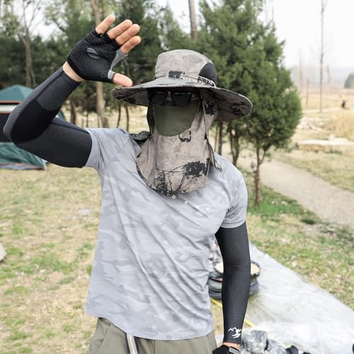 Sun Hat Unisex Face Coverage Shield Neck Flap Cap Garden Lawn Work Sports Hiking Fishing Hats - color: Khaki Ink Wash Pattern