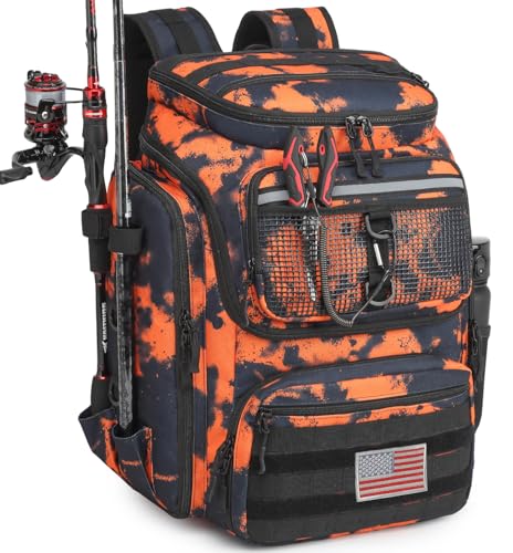 HAMBOLY Fishing Backpack 45L with Rod Holders, Water-Resistant Tackle Backpack for Fishermen, Large Capacity Fishing Gear Bag for Travel Hiking Camping - color: Black and Orange Graffiti