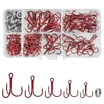 Fishing Treble Hooks Kit, Sharp Replacement Treble Hooks for Lures Baits, High Carbon Steel Fishing Hooks with Stainless Steel Split Rings Set for Bass Trout Walleye Pike - color: Red_180pcs