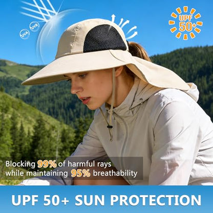 Sun Hat for Men Women with Neck Flap,UPF 50+ UV Protective Hiking Fishing Hats,Wide Brim Sun Hat for Women&Men - color: 1pack-beigesleeves