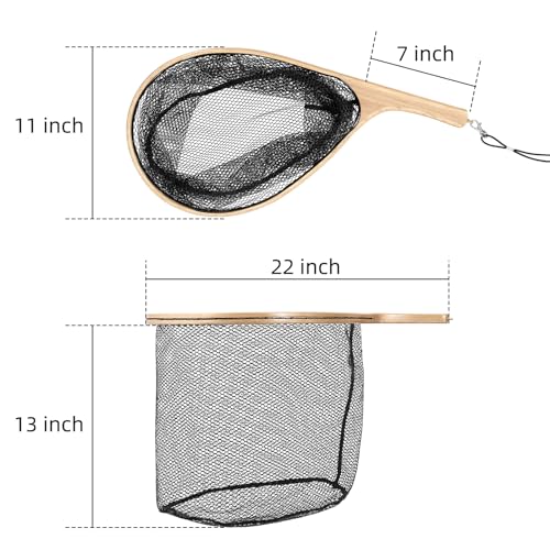 Jojoka Wooden Fly Fishing Landing Net, Curved Ergonomic Handle, Rubber-Coated Deep Mesh, Fish-Friendly Catch & Release, Lightweight Portable for Trout Freshwater Saltwater, with Lanyard & Carabiner
