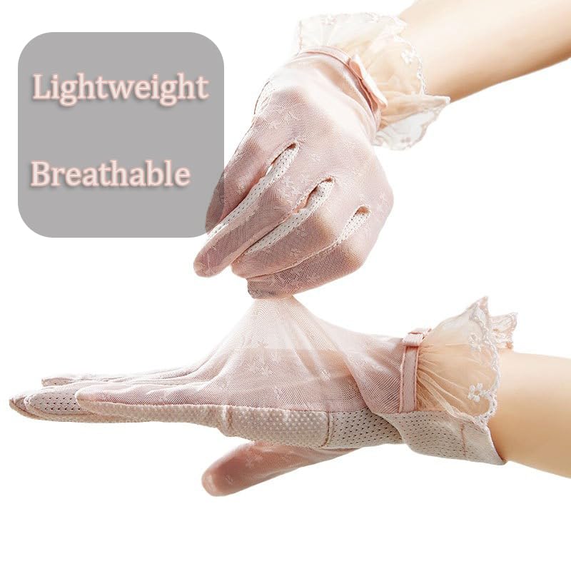 FGSS Summer Sunblock Gloves UV Protection Non-Slip Touchscreen Driving Gloves for Women Cyling Riding Outdoor - color: Pink Lace