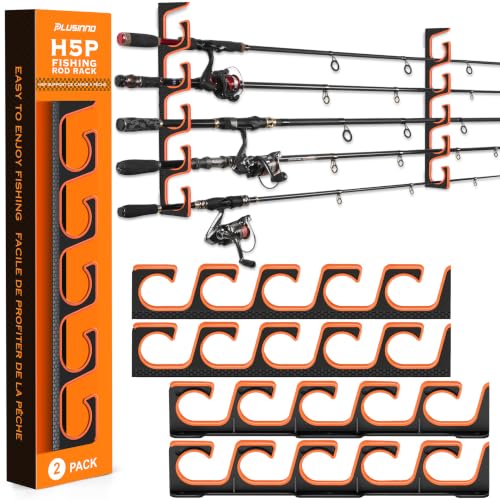 PLUSINNO H5P Fishing Rod Holder, Wall & Ceiling Mount Fishing Pole Holders for Garage, Fishing Rod Rack Holds 5/10/20 Rods, Combos & Fishing Nets - color: 2 Pack hold up 10 rods