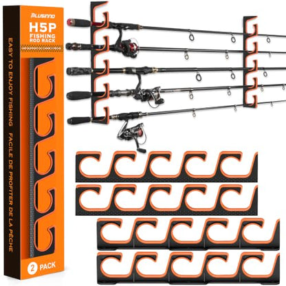 PLUSINNO H5P Fishing Rod Holder, Wall & Ceiling Mount Fishing Pole Holders for Garage, Fishing Rod Rack Holds 5/10/20 Rods, Combos & Fishing Nets - color: 2 Pack hold up 10 rods