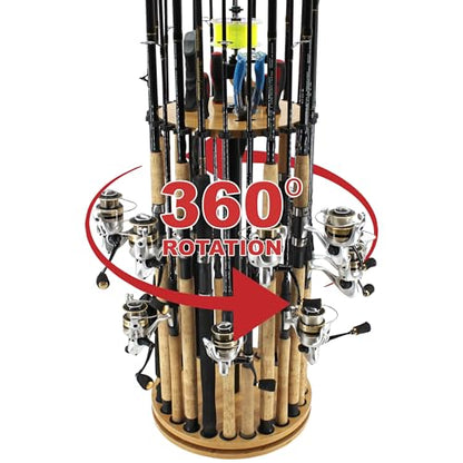 Rush Creek Creations 24-Rod Fishing Rod Holder 360° Rotating Built-in Spooler 14.75"x37.75" Light Wood
