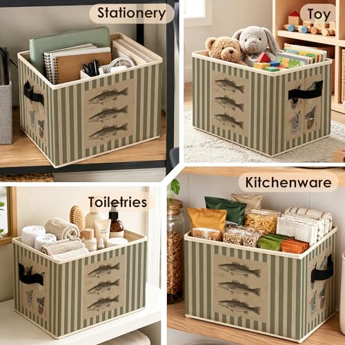 Coastal Beach Fishing Storage Bins with Handles, Olive Green Striped Sea Bass Fish Collapsible Clothes Toys Books Organizer Basket for Beach House Home Bedroom Bathroom