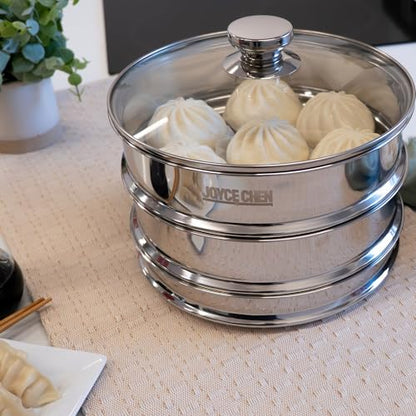 Joyce Chen 10-Inch Stainless Steel Two-Tier Steamer with Glass Lid & Wok Adapter Ring, 304 Stainless Steel, Dishwasher Safe - size: 10 inch - steel