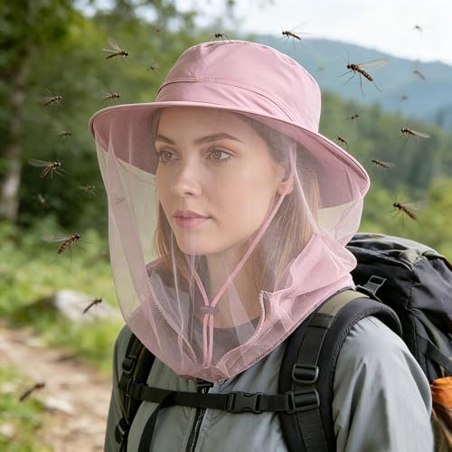 Flammi Mosquito Net Hat Safari Hat UPF 50+ Sun Protection Boonie Hats for Men with Neck Flap Fishing Hiking Hat for Men/Women - color: Pink