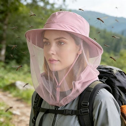 Flammi Mosquito Net Hat Safari Hat UPF 50+ Sun Protection Boonie Hats for Men with Neck Flap Fishing Hiking Hat for Men/Women - color: Pink