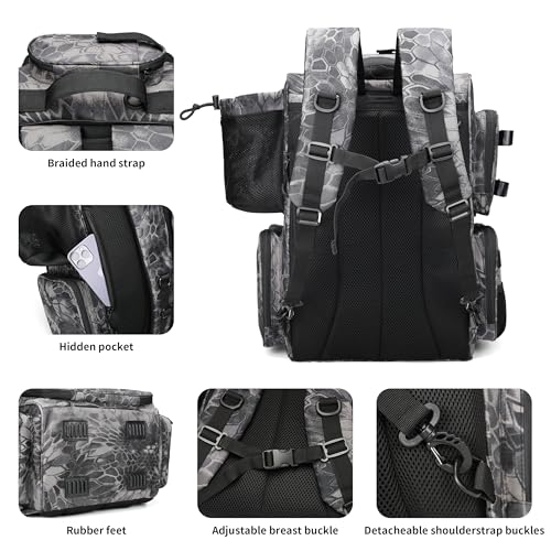 Rabjen Fishing Tackle Backpack with Rod Holders, Bottle Holder, Storage Bag Store Fishing Gear