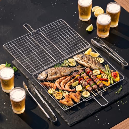 ORDORA Shallow Grill Basket, Fish Grill Basket, Rustproof Stainless Steel BBQ Folding Portable Grilling Rack for Meat, Steak,Vegetables, Grill Accessories - size: Shallow