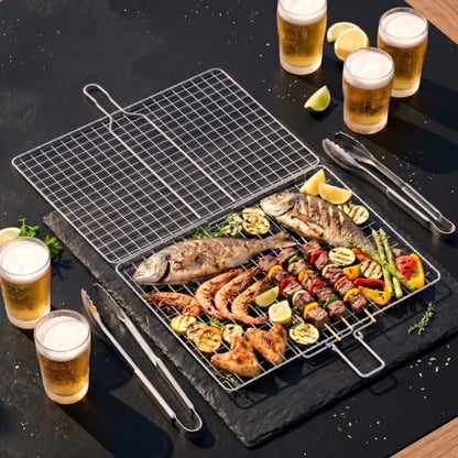 ORDORA Shallow Grill Basket, Fish Grill Basket, Rustproof Stainless Steel BBQ Folding Portable Grilling Rack for Meat, Steak,Vegetables, Grill Accessories - size: Shallow