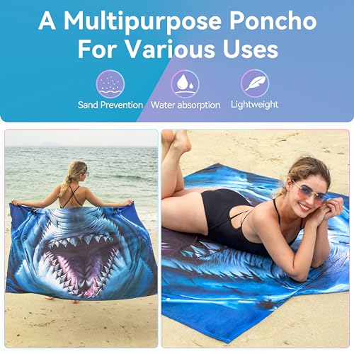 Catalonia Shark Hooded Towel for Adults, Quick-Dry Beach Poncho with Hood, Sand-Free Summer Gift - color: Shark