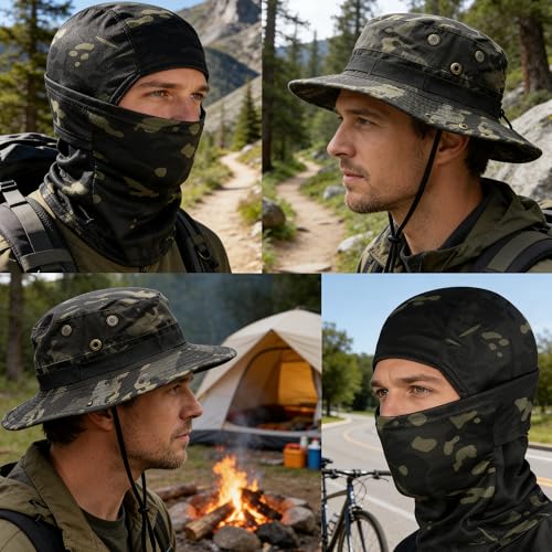Men Camo Sun Hat Neck Mask Balaclava Set Sun Protection Boonie Fishing Hat Hiking Cycling Outdoor Sport Windproof